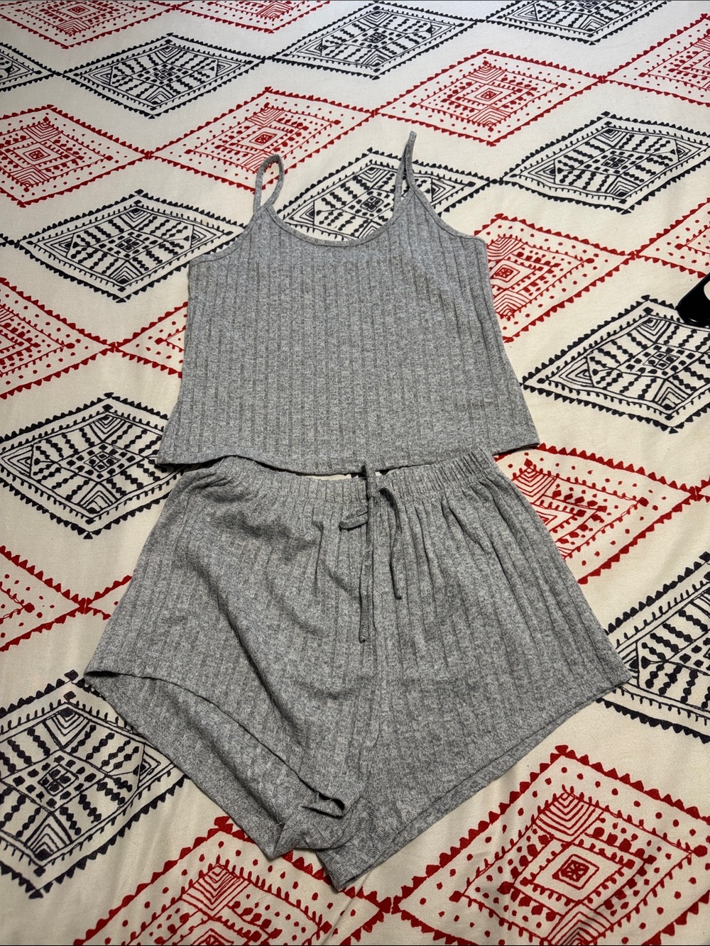 Women's Gray Ribbed Tank & Drawstring Shorts Sleep Set
